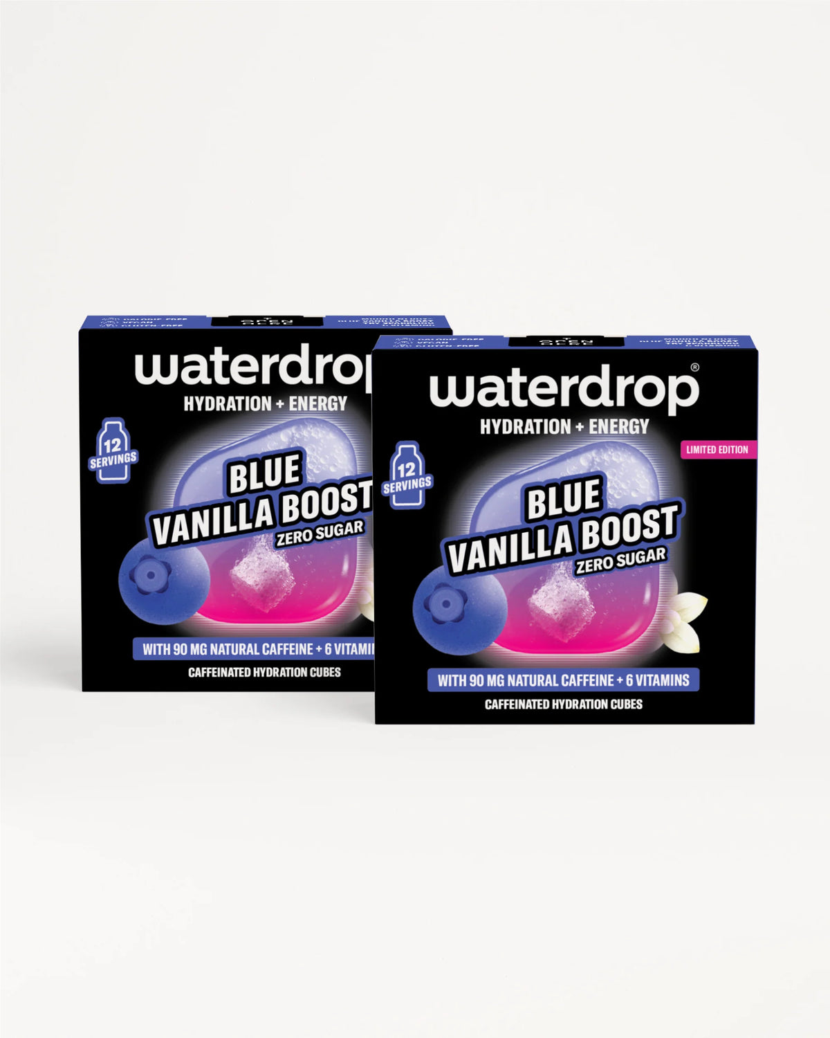 Dwa opakowania Waterdrop Blue Vanilla Boost w niebiesko-fioletowym opakowaniu.
