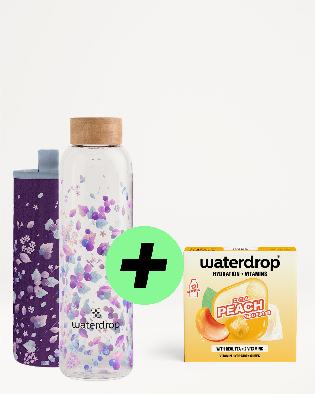 Dwie wielorazowe butelki w kwiatowy wzór i pudełko Waterdrop o smaku brzoskwini.