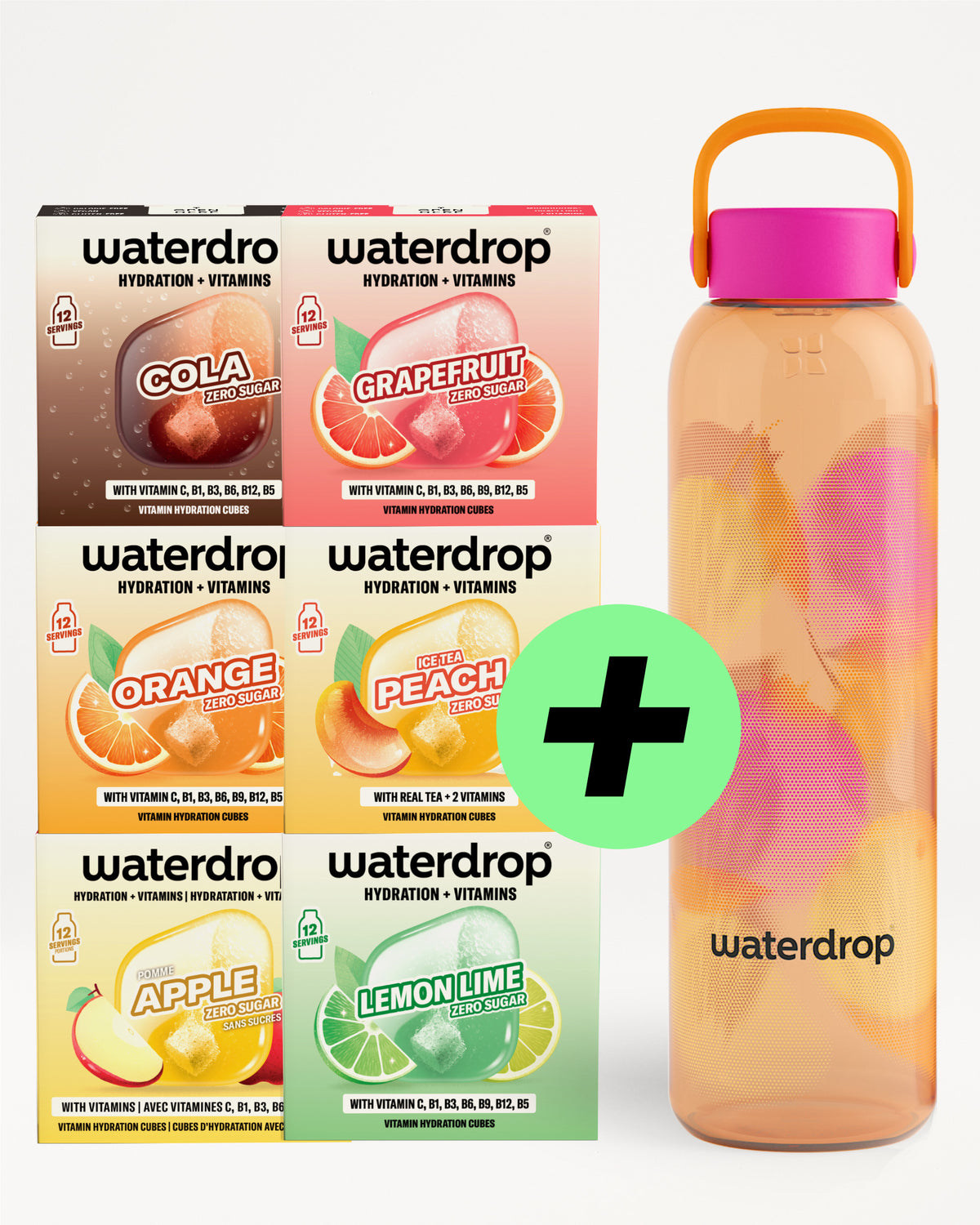 Zestaw pudełek Waterdrop z różnymi smakami obok pomarańczowej butelki na wodę z różową pokrywką.