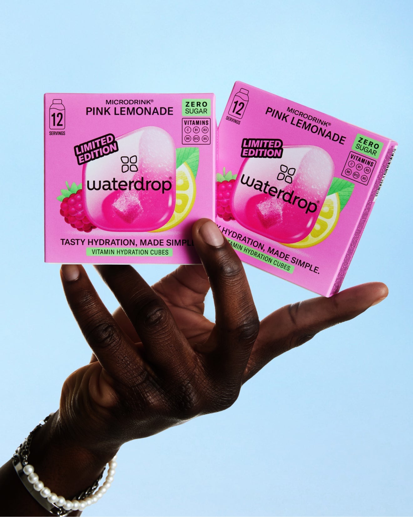 Limited Edition Twin Pack of Waterdrop Pink Lemonade hydration cubes.