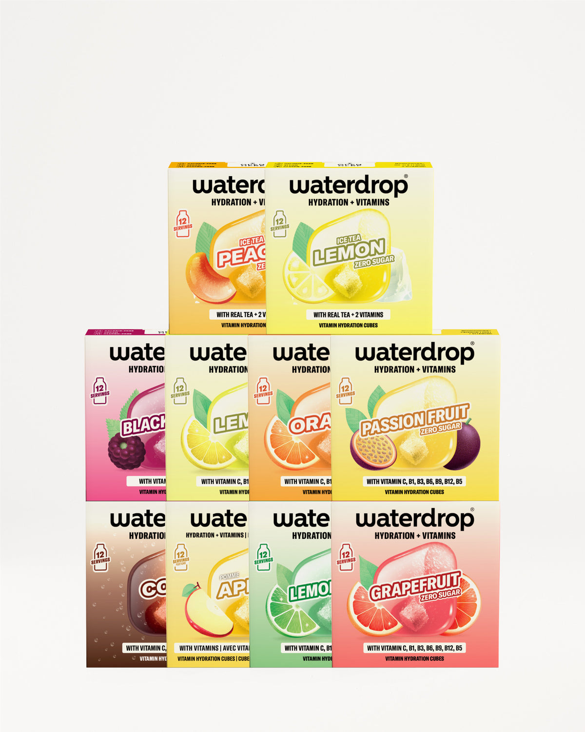 Stos pudełek Waterdrop na nawodnienie i witaminy ułożonych w piramidę z różnymi owocowymi smakami.