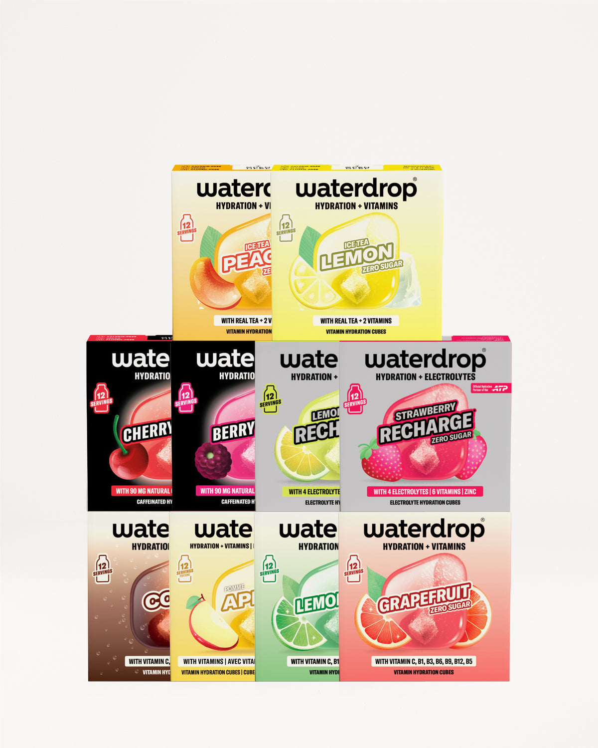 Różnorodne pudełka Waterdrop do nawodnienia ułożone w piramidę.