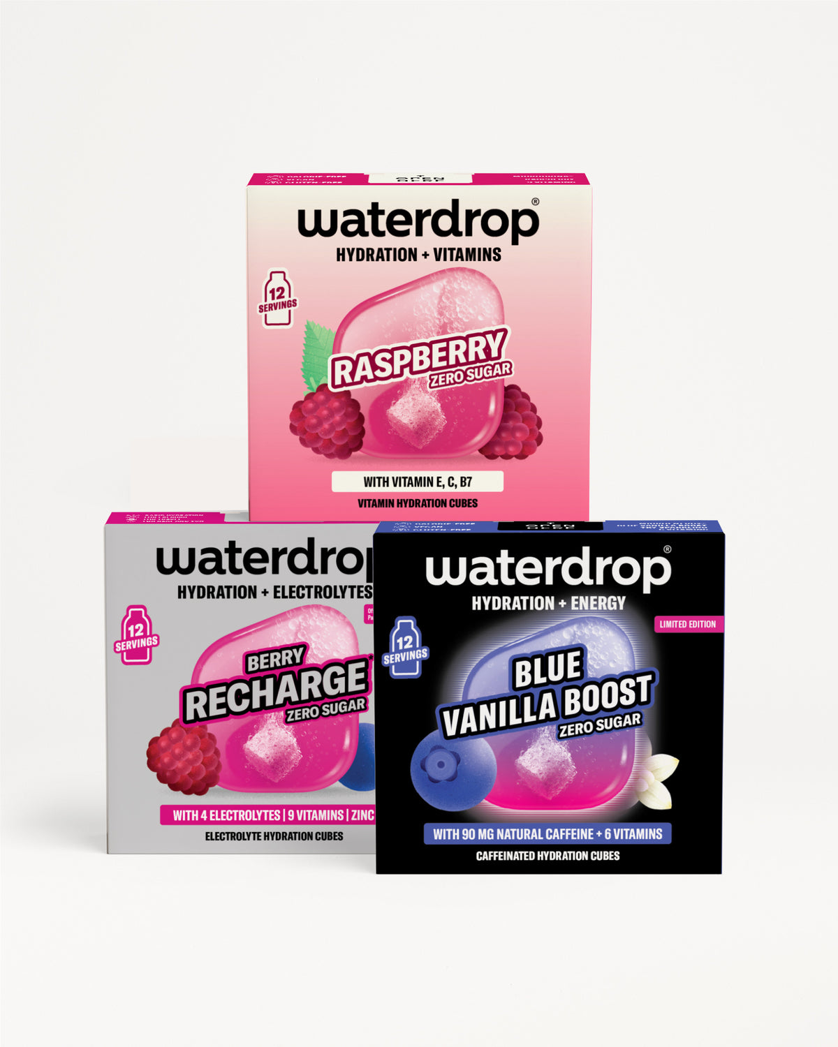 Trzy pudełka Waterdrop do nawodnienia o smakach Raspberry, Berry Recharge i Blue Vanilla Boost.
