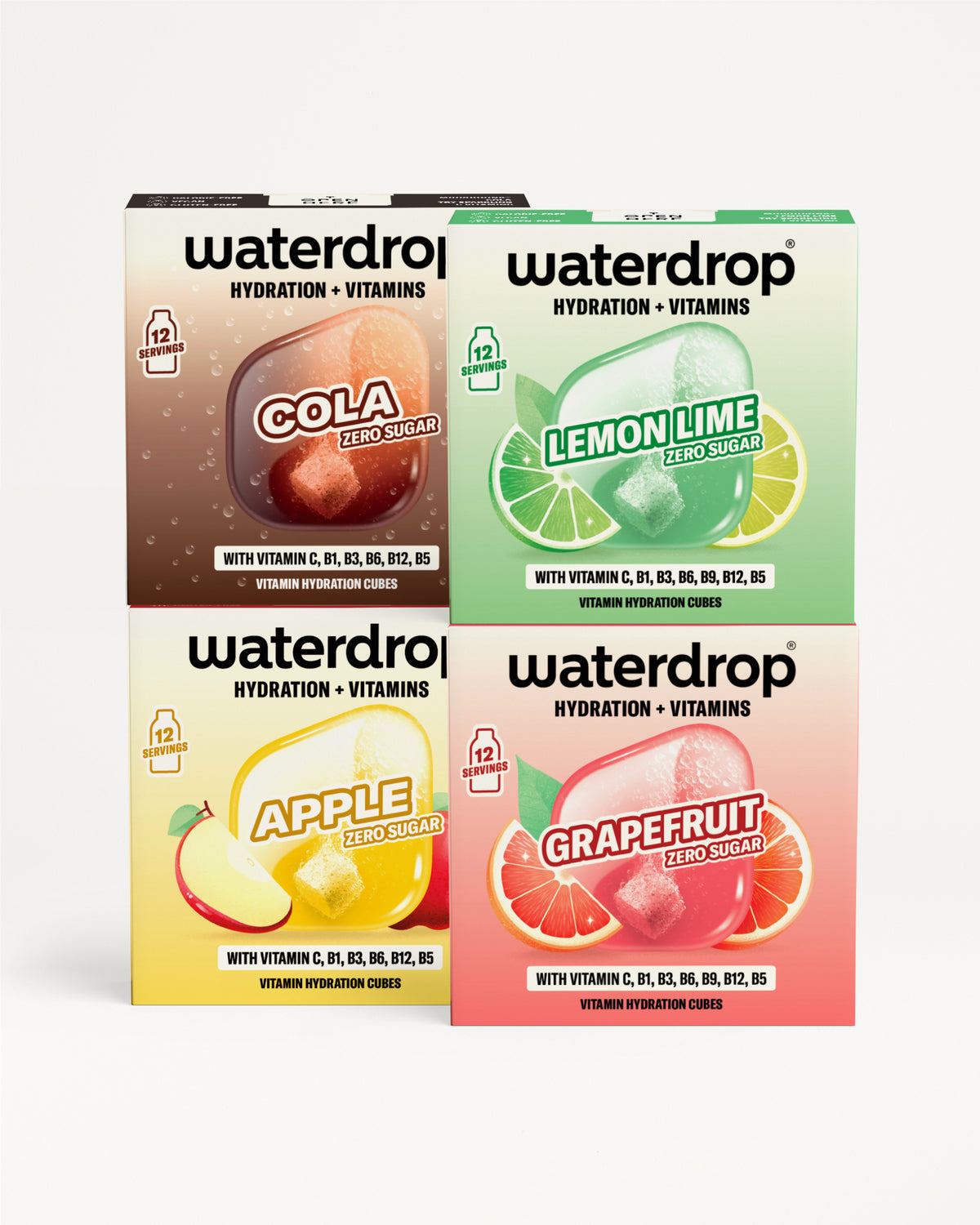 Zestaw czterech napojów Waterdrop nawadnianie i witaminy w opakowaniu 2x2.