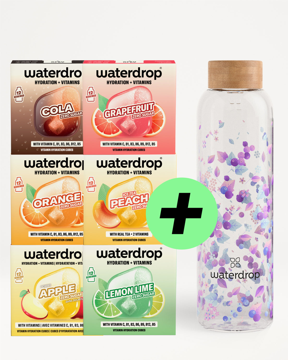 Zestaw pudełek Waterdrop z nawodnieniem i witaminami oraz butelką z kwiatowym wzorem i zielonym znakiem plus.