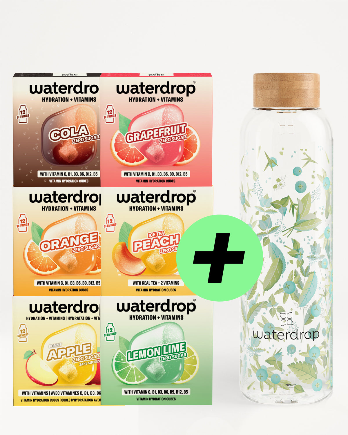 Sześc smaków Waterdrop w zestawie i wielokrotnego użytku butelka.