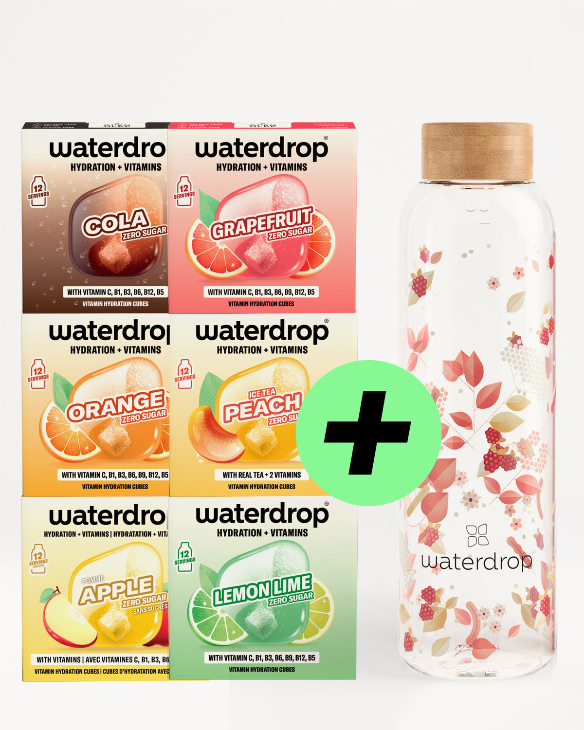 Sześć pudełek Waterdrop smaków i szklana butelka z kwiatowym wzorem oraz zielony znak plus.