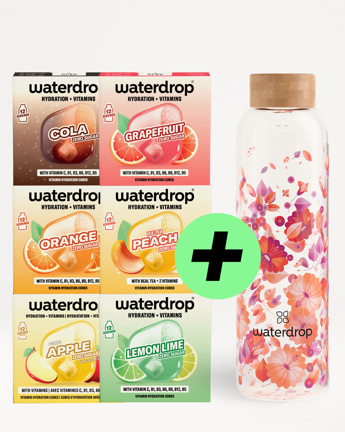 Kolorowe saszetki Waterdrop nawadnianie i witaminy w układzie 2x3 obok butelki z kwiatowym wzorem.