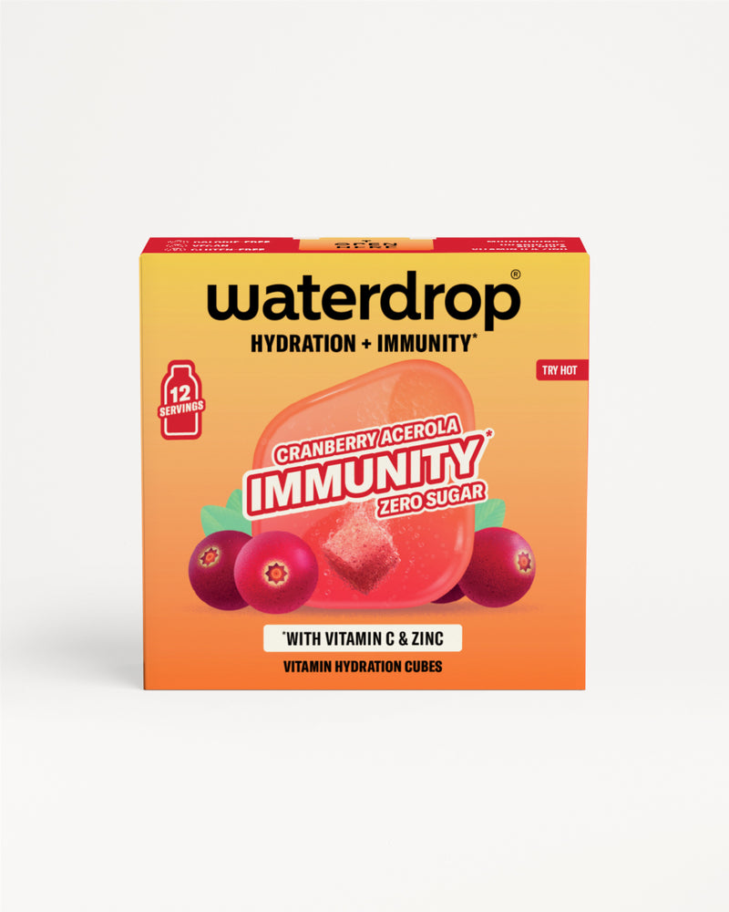 Pudełko Waterdrop Immunity kostki nawadniające o smaku żurawiny-acerola, przednie opakowanie.