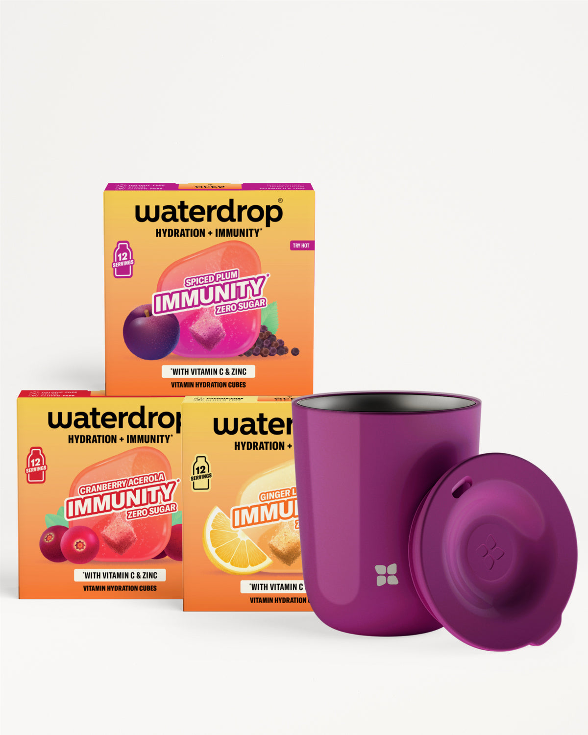 Zestaw pudełek Waterdrop na nawodnienie i odporność z fioletowym kubkiem i pokrywką.