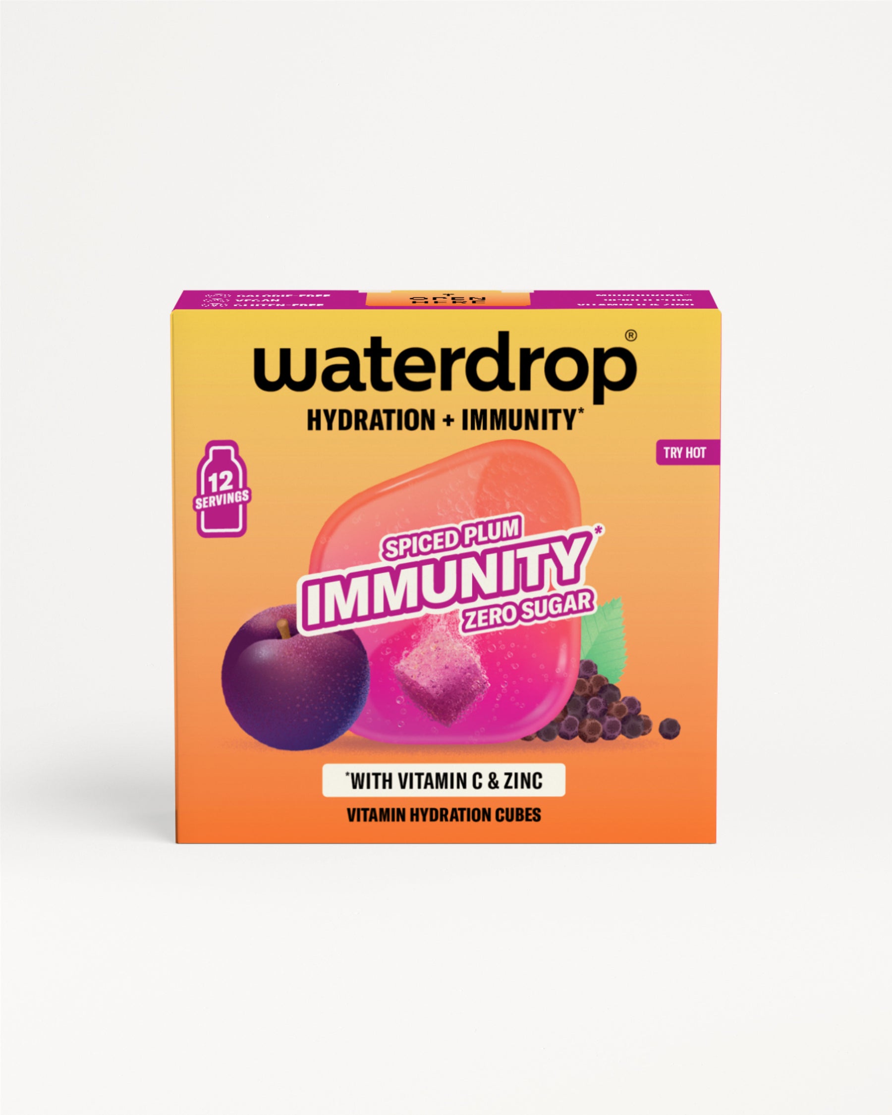 Pomarańczowo-żółte pudełko Waterdrop z ilustracją jagód na białym tle.