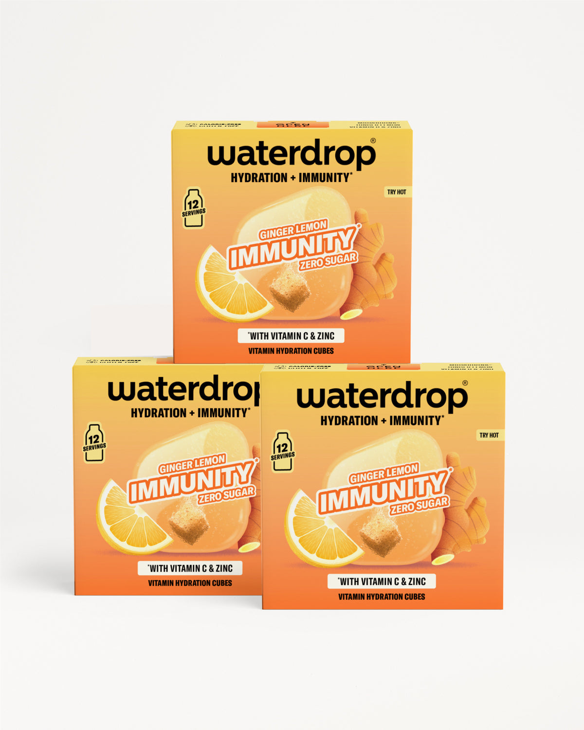 Trzy pudełka Waterdrop na nawodnienie i odporność, ułożone razem.